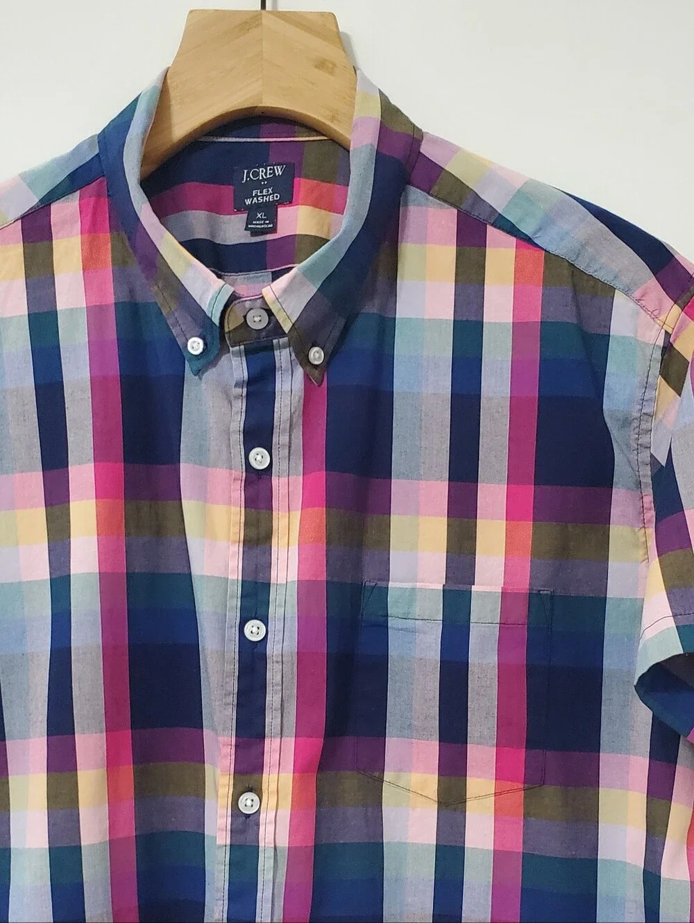 J. Crew Flex Short Sleeve Button Down Slim Fit Shirt Plaid Mens XL